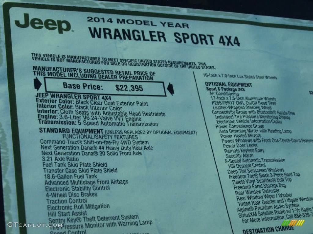 2014 Jeep Wrangler Sport 4x4 Window Sticker Photo #84817385