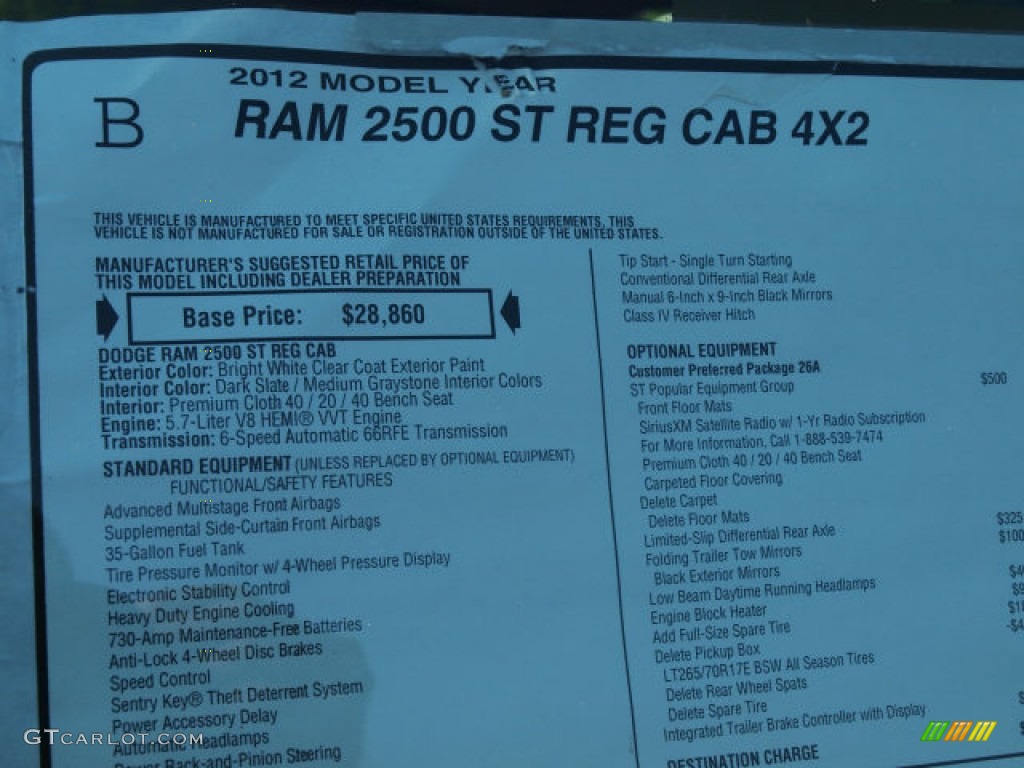 2012 Ram 2500 HD ST Regular Cab Utility Truck - Bright White / Dark Slate/Medium Graystone photo #9