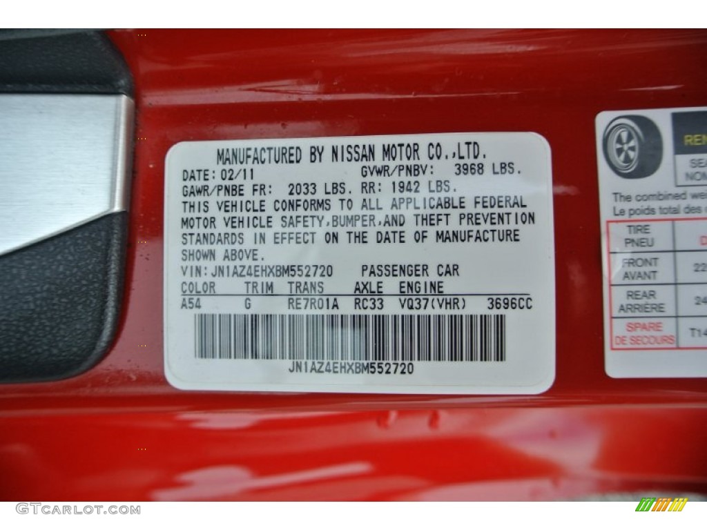 2011 370Z Color Code A54 for Solid Red Photo #84826257