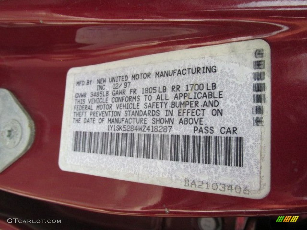 1998 Chevrolet Prizm Standard Prizm Model Info Tag Photos