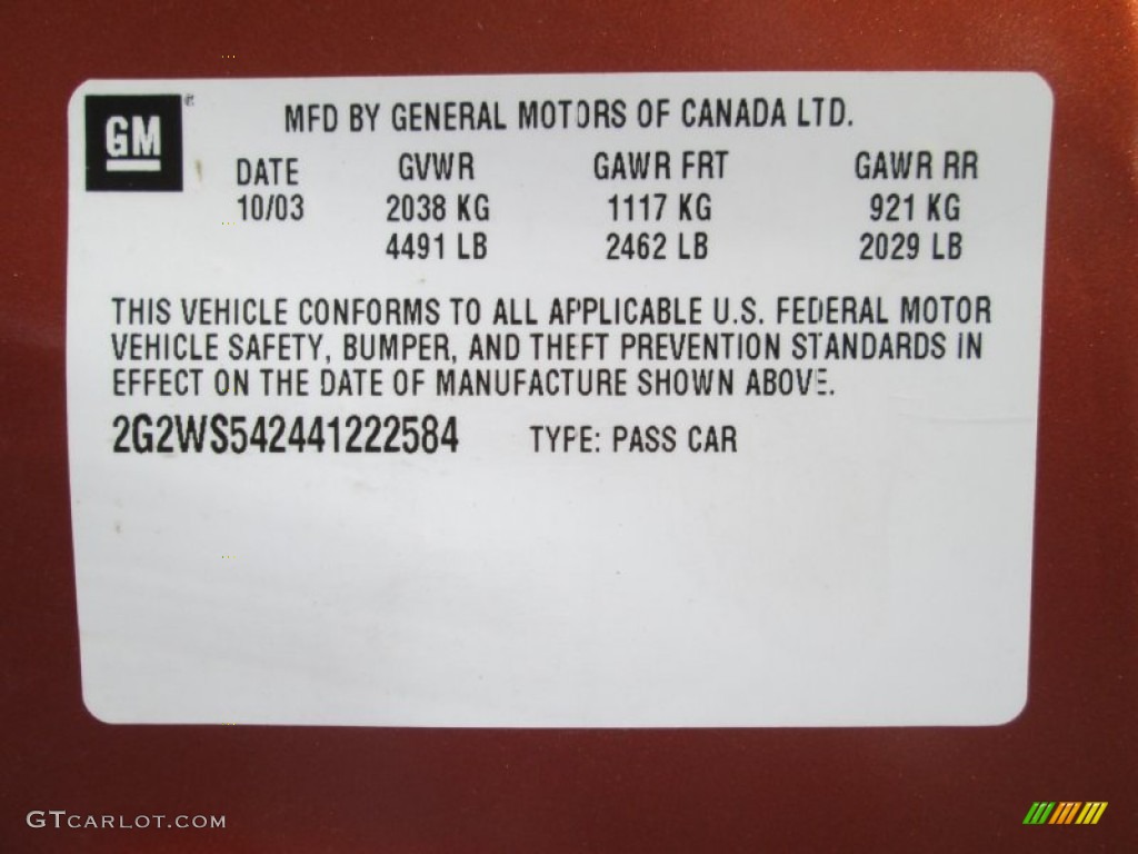 2004 Pontiac Grand Prix GT Sedan Info Tag Photos