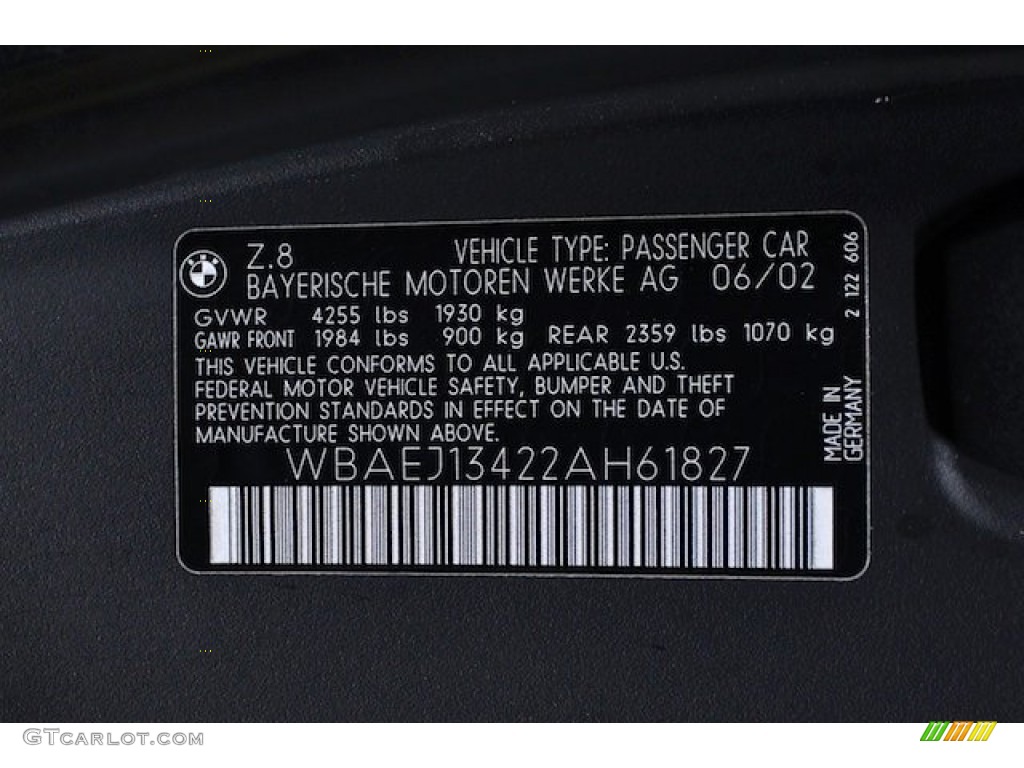 2002 BMW Z8 Roadster Info Tag Photo #84898296