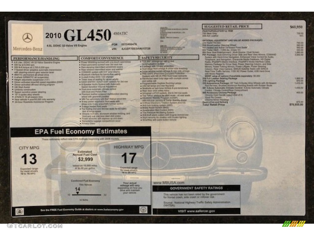 2010 Mercedes-Benz GL 450 4Matic Window Sticker Photo #84900479