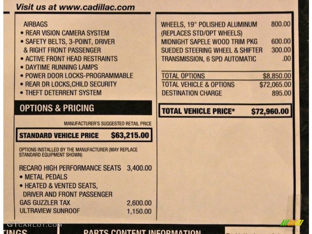 2012 Cadillac CTS -V Sedan Window Sticker Photos