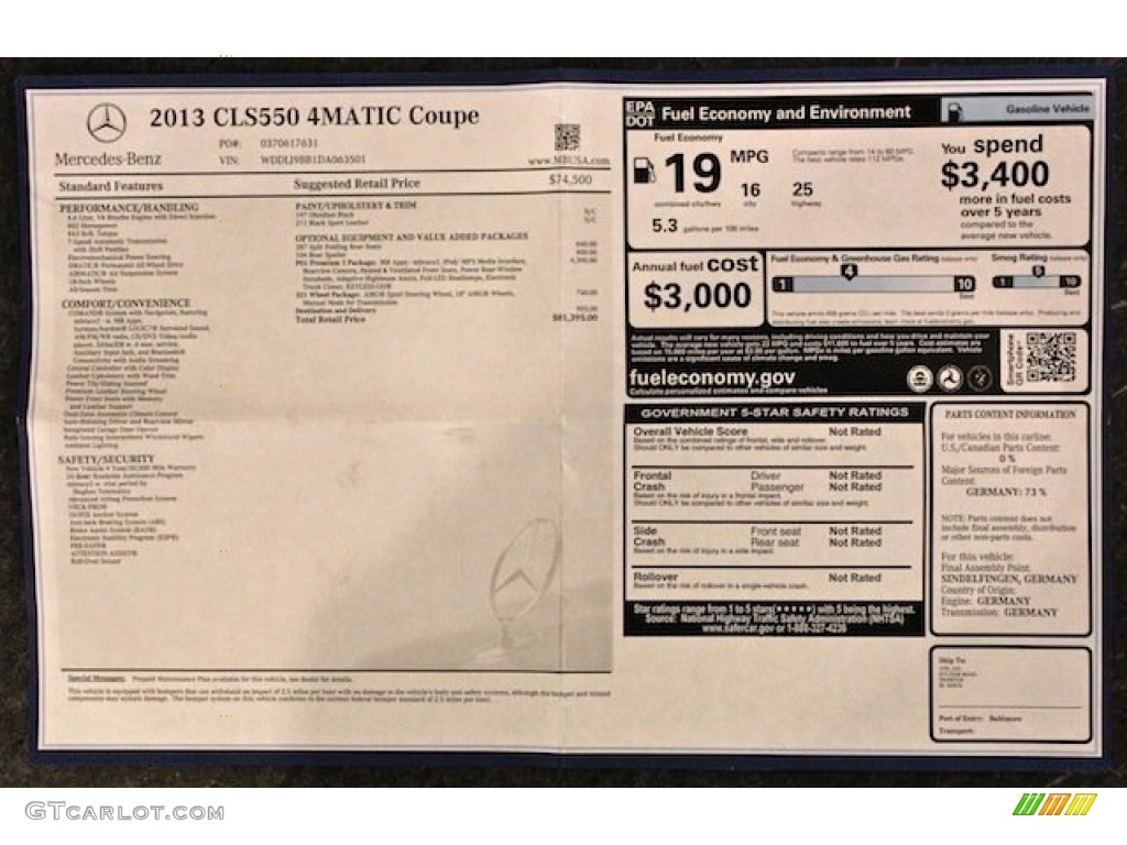 2013 Mercedes-Benz CLS 550 4Matic Coupe Window Sticker Photo #84902336