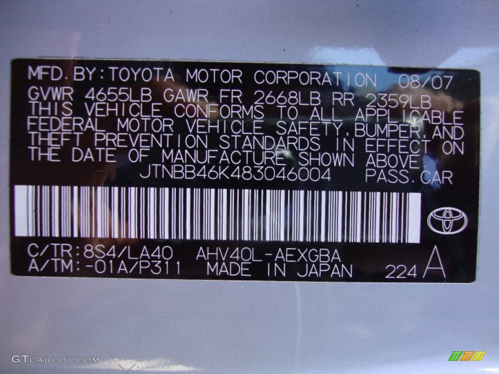 2008 Camry Color Code 8S4 for Sky Blue Pearl Photo #84906096