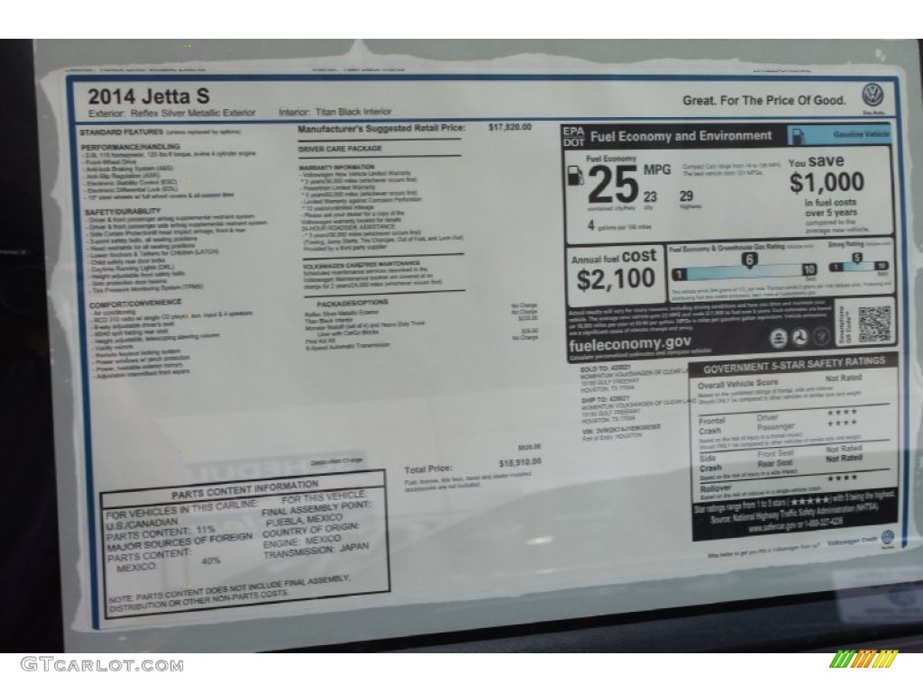 2014 Volkswagen Jetta S Sedan Window Sticker Photo #84920488