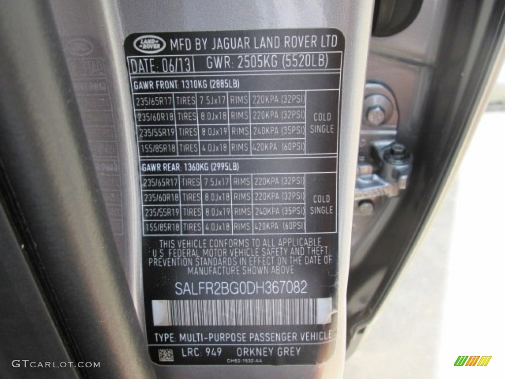2013 LR2 Color Code 949 for Orkney Grey Metallic Photo #84955423