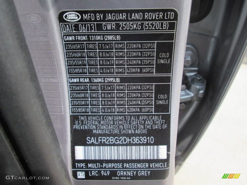 2013 LR2 Color Code 949 for Orkney Grey Metallic Photo #84956122
