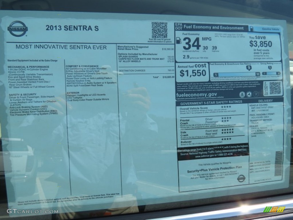2013 Nissan Sentra S Window Sticker Photo #84960289