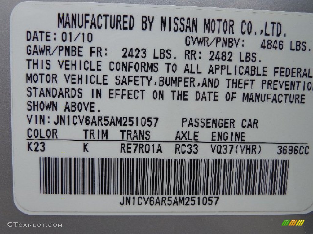 2010 Infiniti G 37 x AWD Sedan Color Code Photos