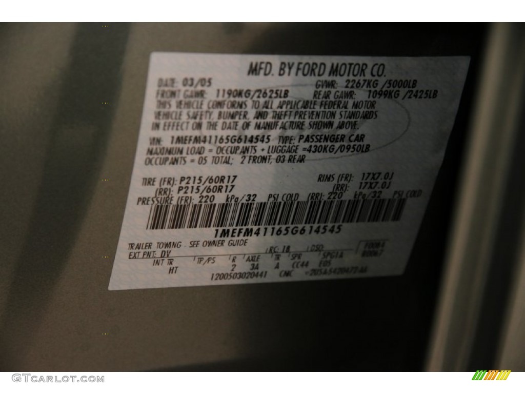 2005 Mercury Montego Luxury AWD Color Code Photos