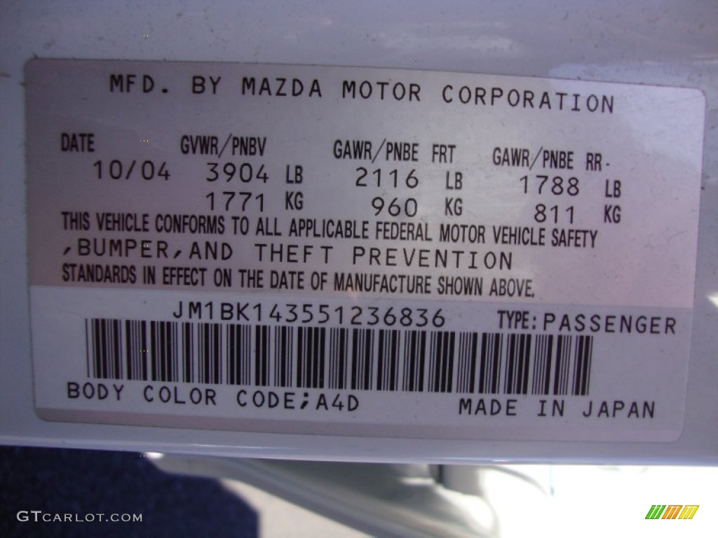 2005 MAZDA3 Color Code A4D for Rally White Photo #85007327