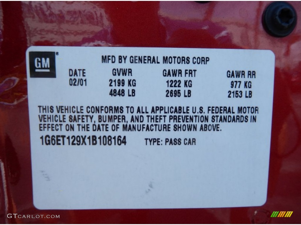 2001 Cadillac Eldorado ETC Info Tag Photos