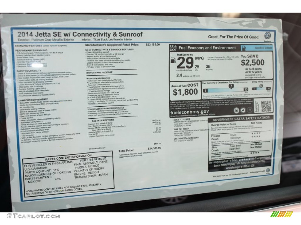 2014 Volkswagen Jetta SE Sedan Window Sticker Photo #85023038