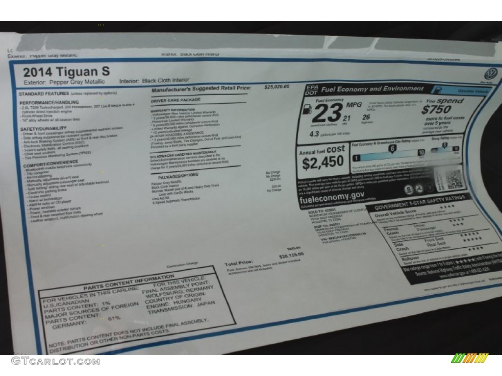 2014 Volkswagen Tiguan S Window Sticker Photo #85051080