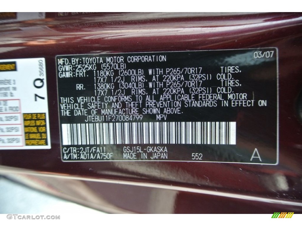 2007 FJ Cruiser Color Code 2JT for Black Cherry Pearl Photo #85054627