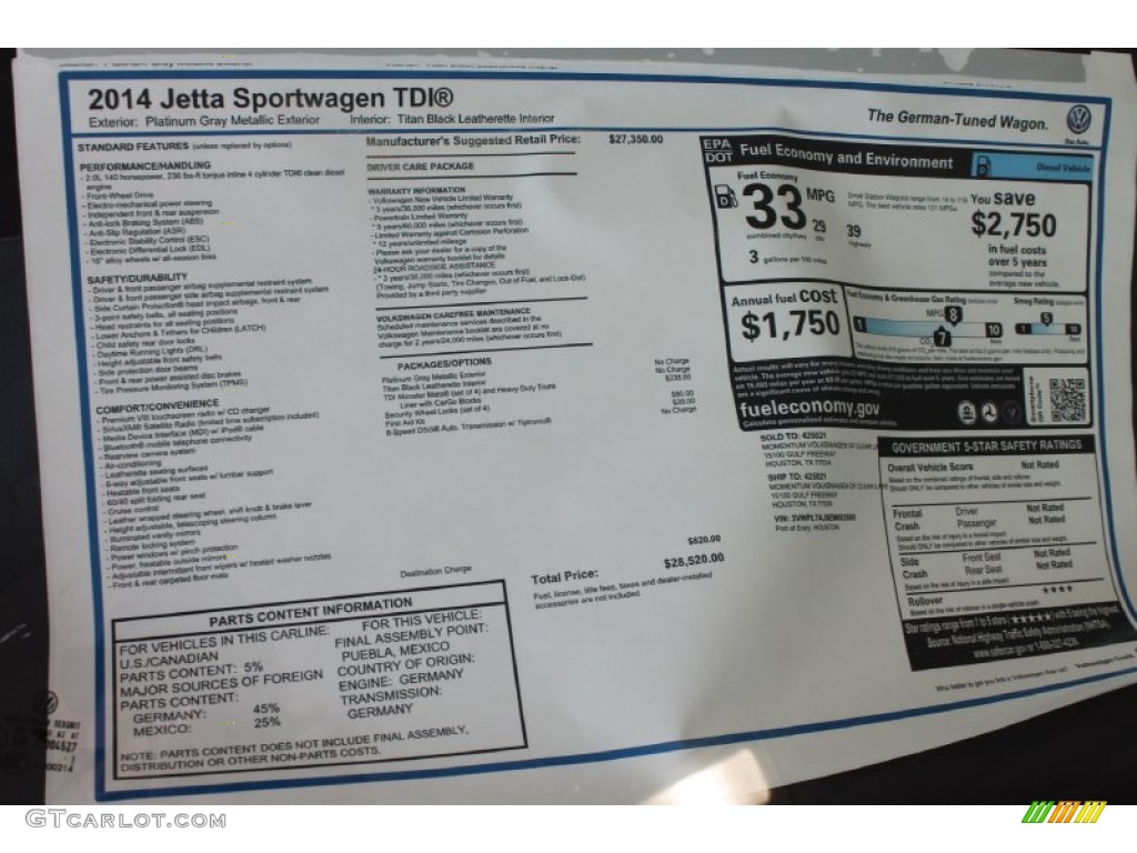 2014 Jetta TDI SportWagen - Platinum Gray Metallic / Titan Black photo #33