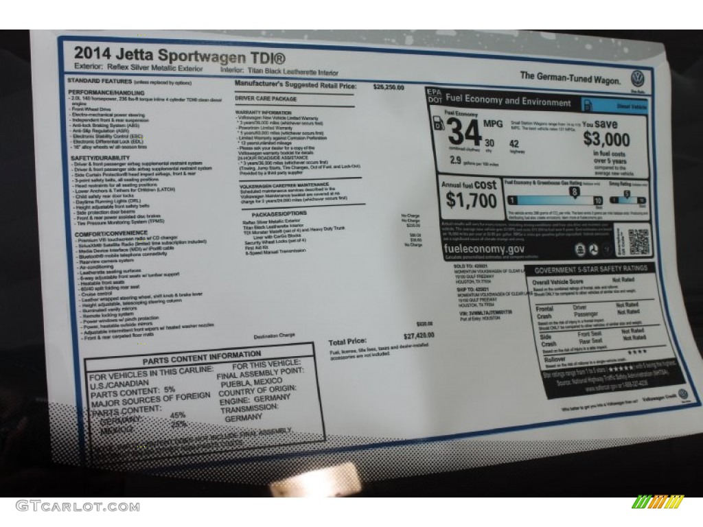 2014 Volkswagen Jetta TDI SportWagen Window Sticker Photo #85057411