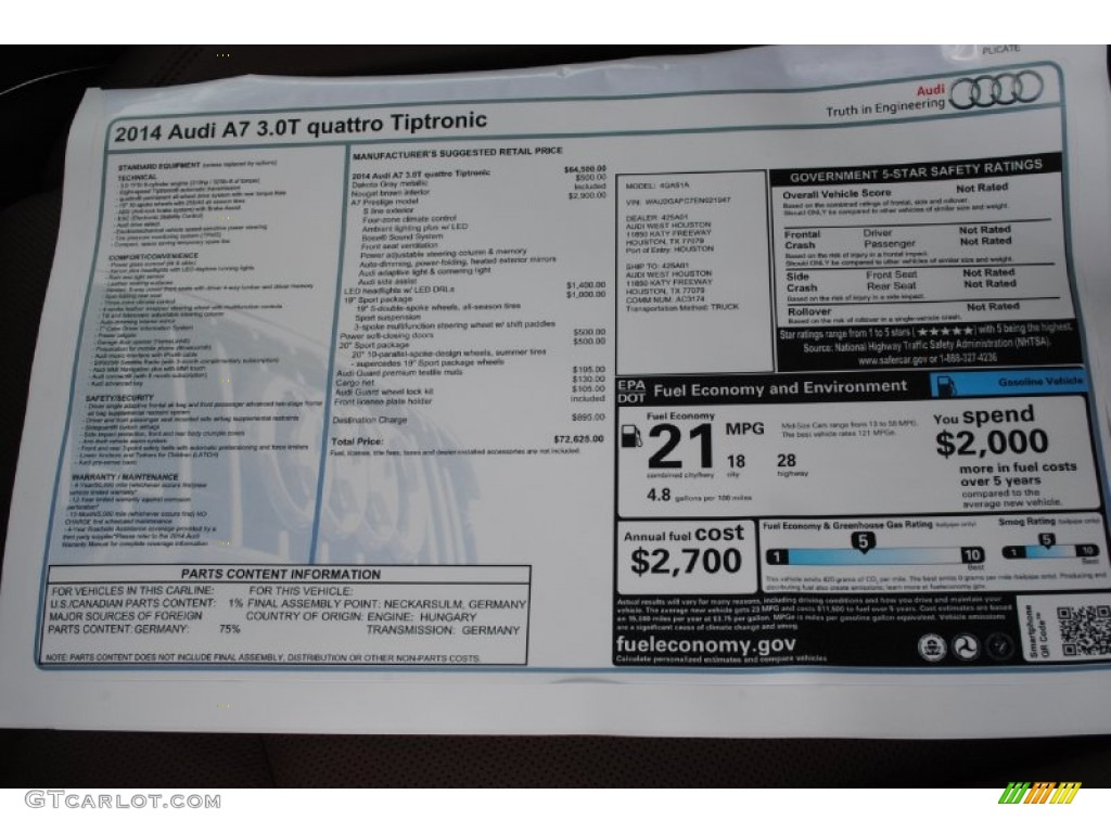 2014 Audi A7 3.0T quattro Prestige Window Sticker Photo #85068599