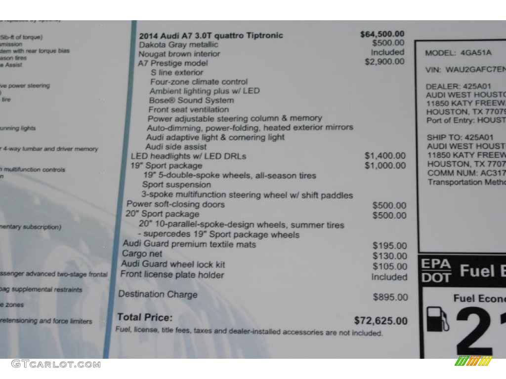 2014 Audi A7 3.0T quattro Prestige Window Sticker Photo #85068620