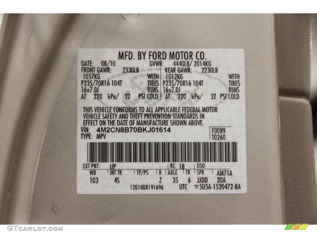 2011 Mercury Mariner I4 Color Code Photos