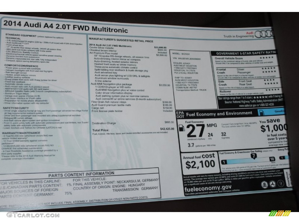 2014 Audi A4 2.0T Sedan Window Sticker Photo #85069499