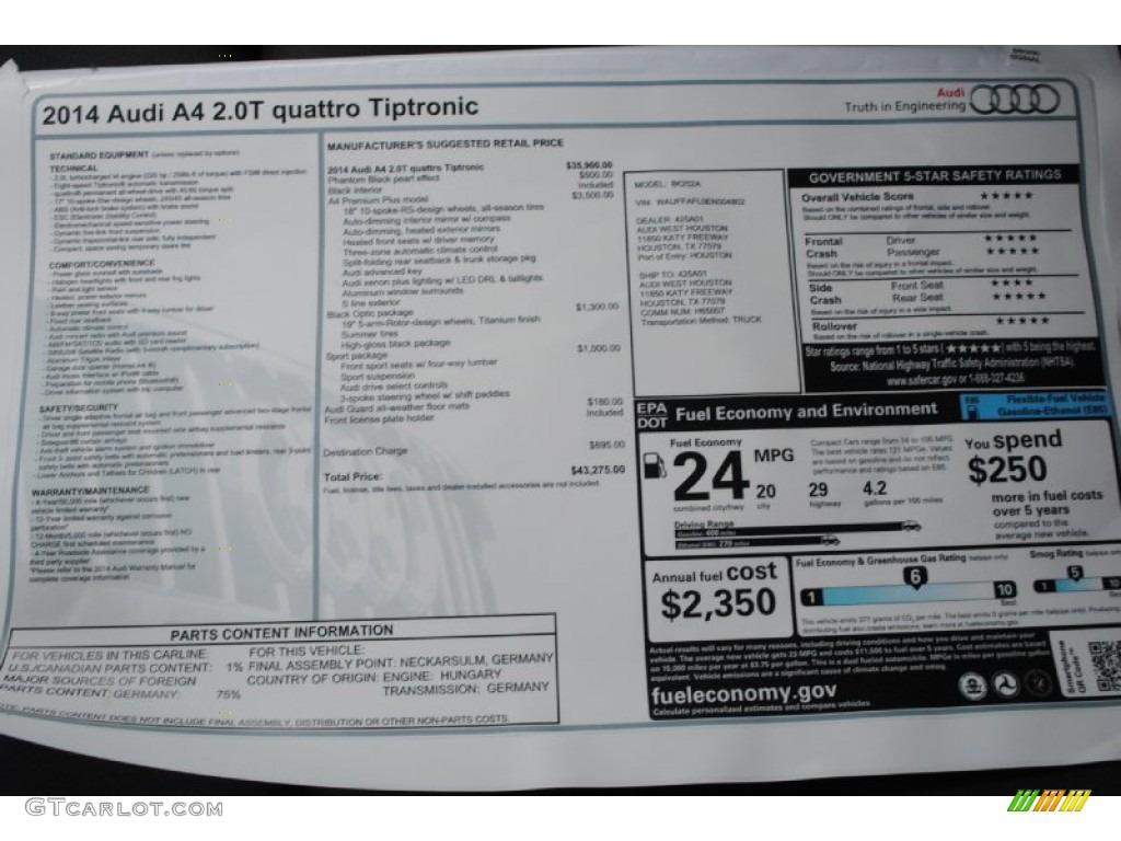 2014 Audi A4 2.0T quattro Sedan Window Sticker Photo #85070385