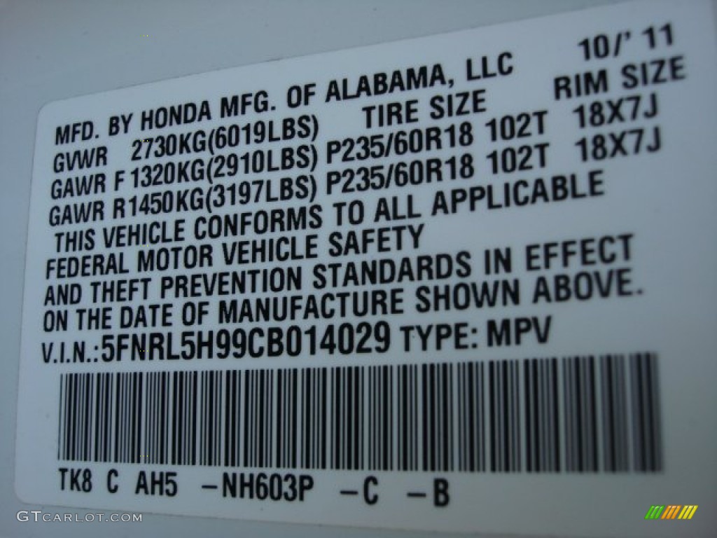 2012 Honda Odyssey Touring Elite Color Code Photos