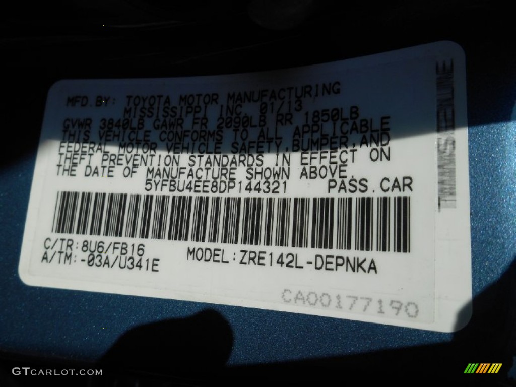 2013 Corolla Color Code 8U6 for Tropical Sea Metallic Photo #85089695