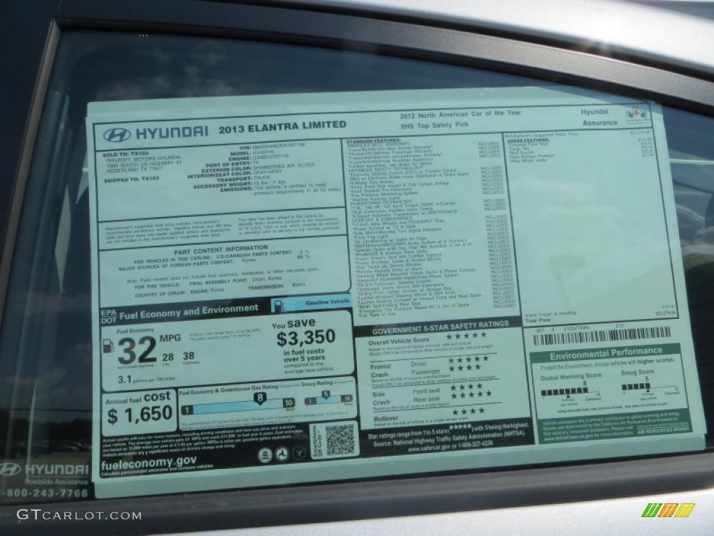 2013 Elantra Limited - Shimmering Air Silver / Gray photo #72