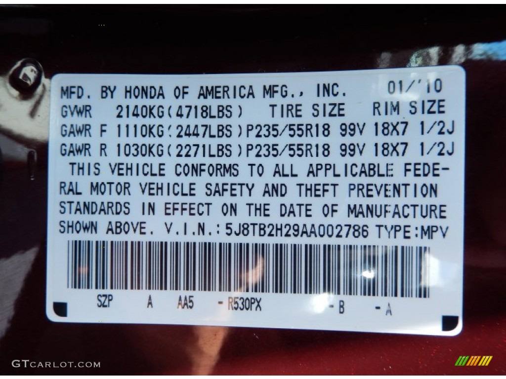 2010 Acura RDX Standard RDX Model Color Code Photos