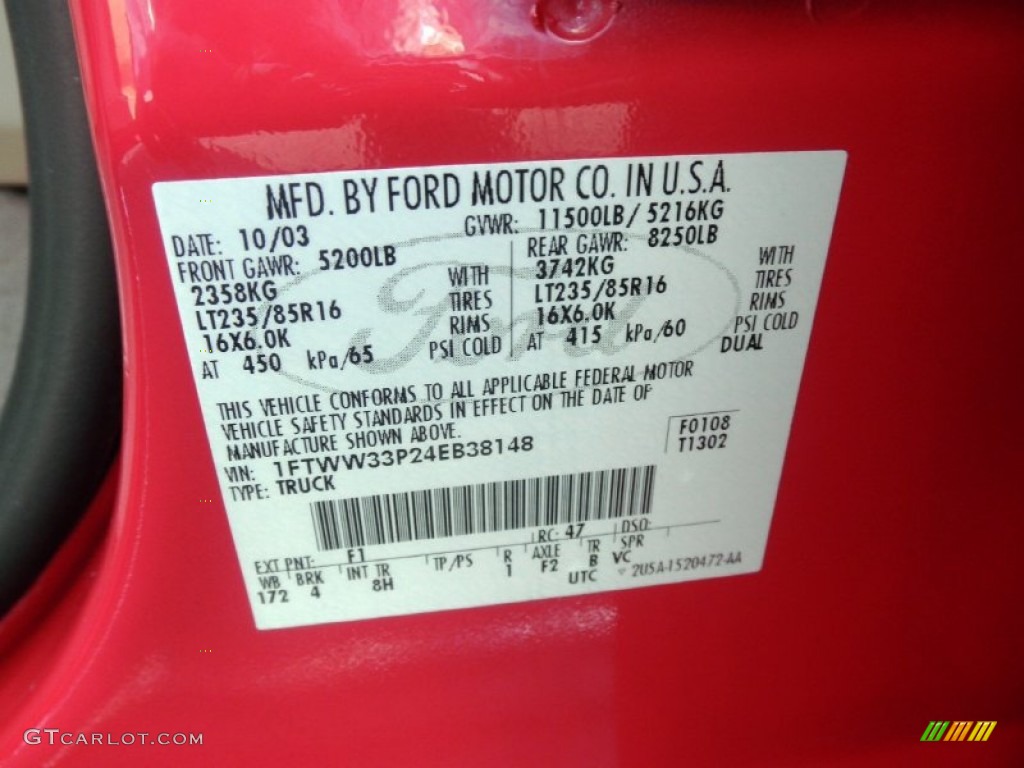 2004 F350 Super Duty Color Code F1 for Red Photo #85114958