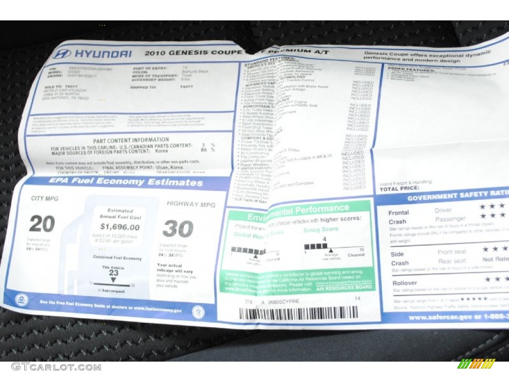 2010 Genesis Coupe 2.0T Premium - Bathurst Black / Black photo #24