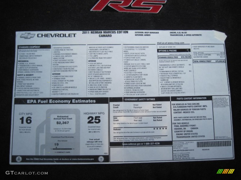 2011 Chevrolet Camaro Neiman Marcus Edition SS/RS Convertible Window Sticker Photo #85126070