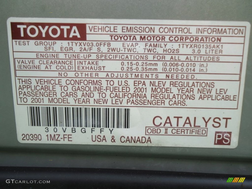 2001 Toyota Solara SLE V6 Convertible Info Tag Photo #85152272