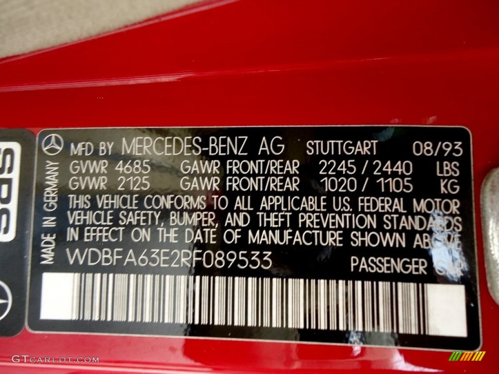 1994 Mercedes-Benz SL 320 Roadster Info Tag Photo #85164836