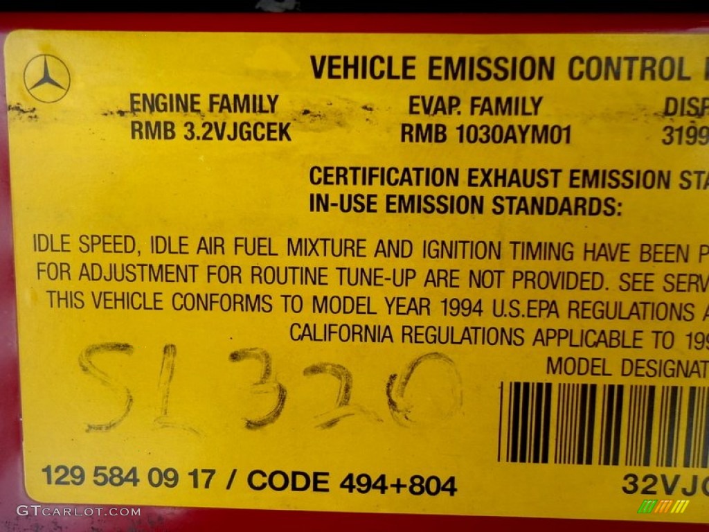 1994 Mercedes-Benz SL 320 Roadster Info Tag Photo #85164947