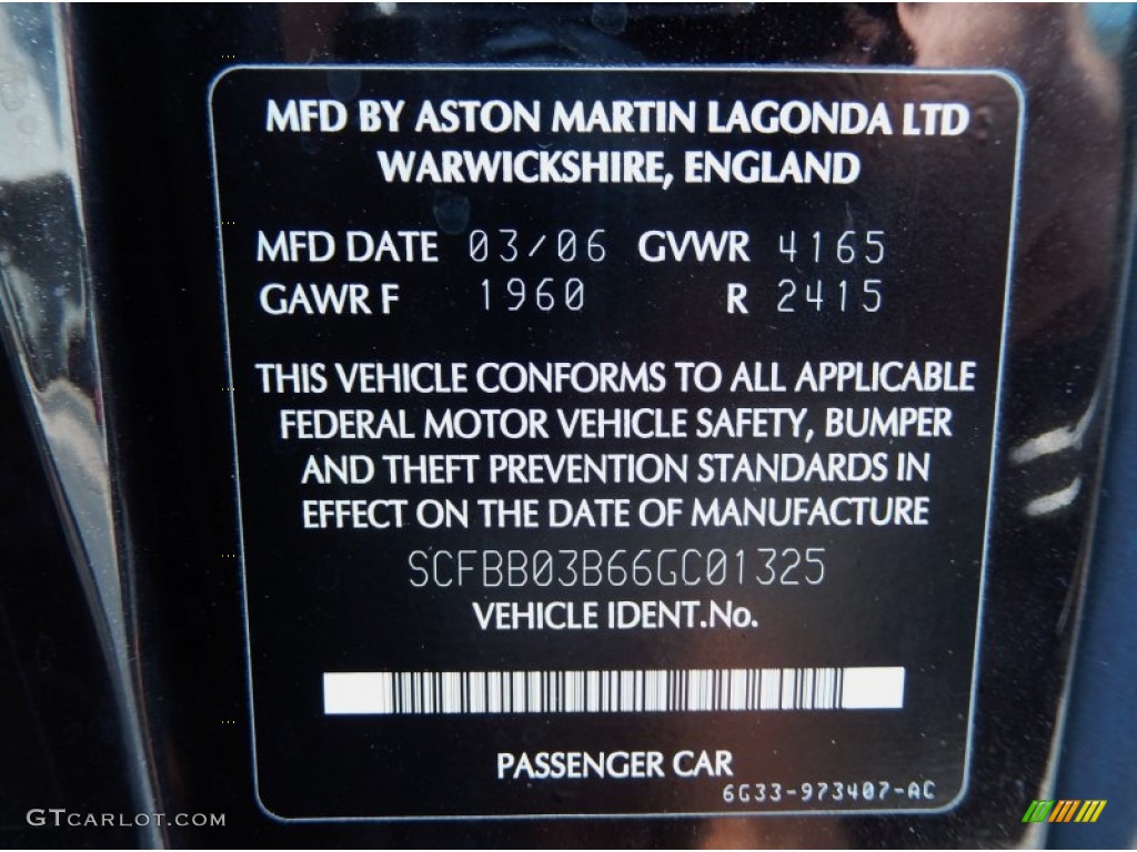 2006 Aston Martin V8 Vantage Coupe Info Tag Photo #85215854