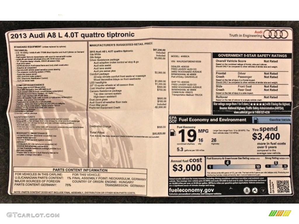 2013 Audi A8 L 4.0T quattro Window Sticker Photo #85248272
