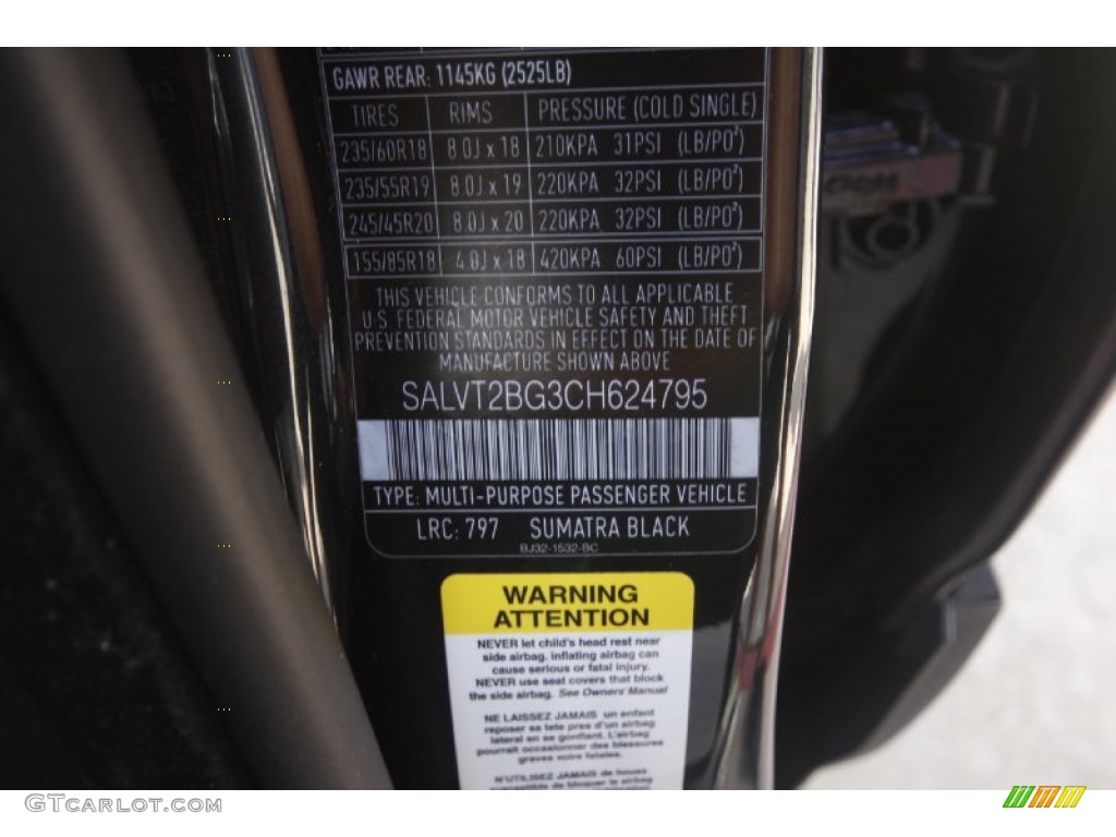 2012 Range Rover Evoque Color Code 797 for Sumatra Black Metallic Photo #85271405
