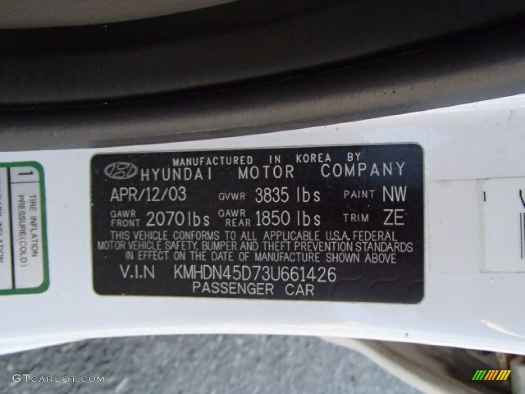 2003 Elantra Color Code NW for Nordic White Photo #85325252