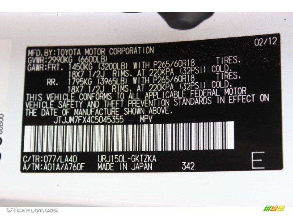 2012 GX Color Code 077 for Starfire White Pearl Photo #85402009
