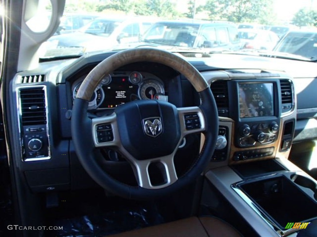 2014 Ram 1500 Laramie Longhorn Crew Cab 4x4 Longhorn Black/Cattle Tan Steering Wheel Photo #85416882