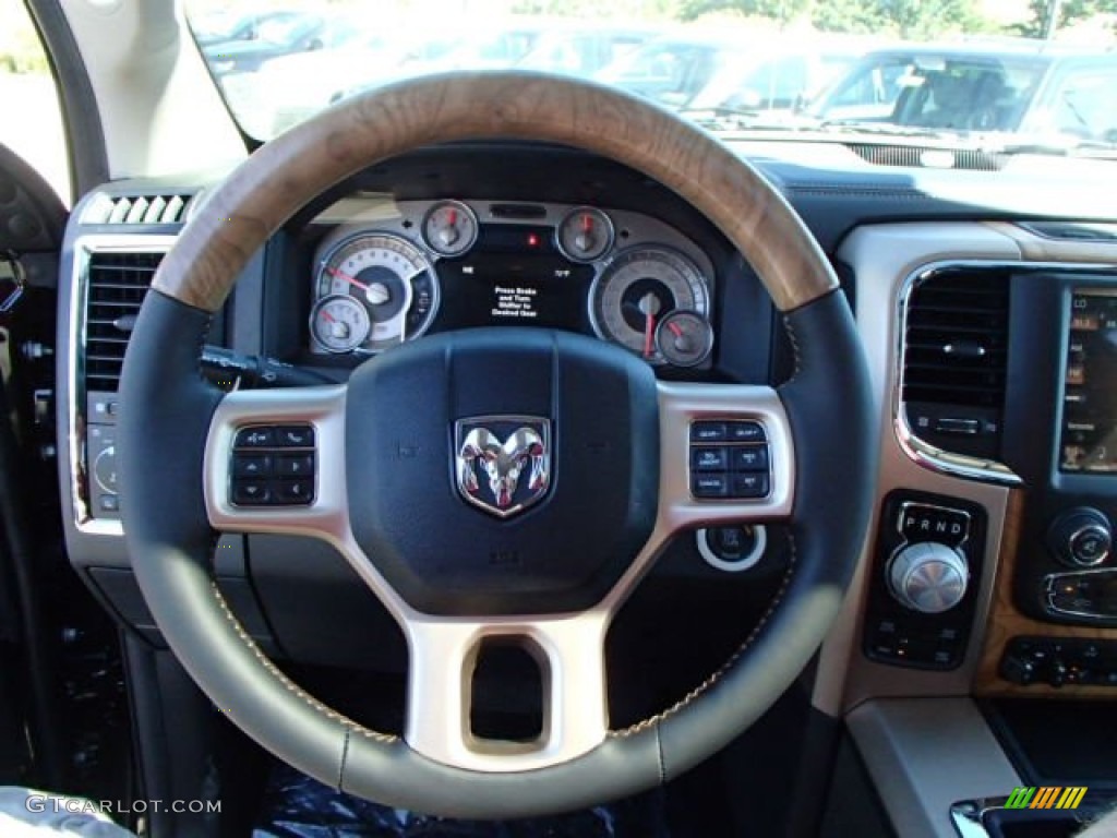 2014 Ram 1500 Laramie Longhorn Crew Cab 4x4 Longhorn Black/Cattle Tan Steering Wheel Photo #85416990