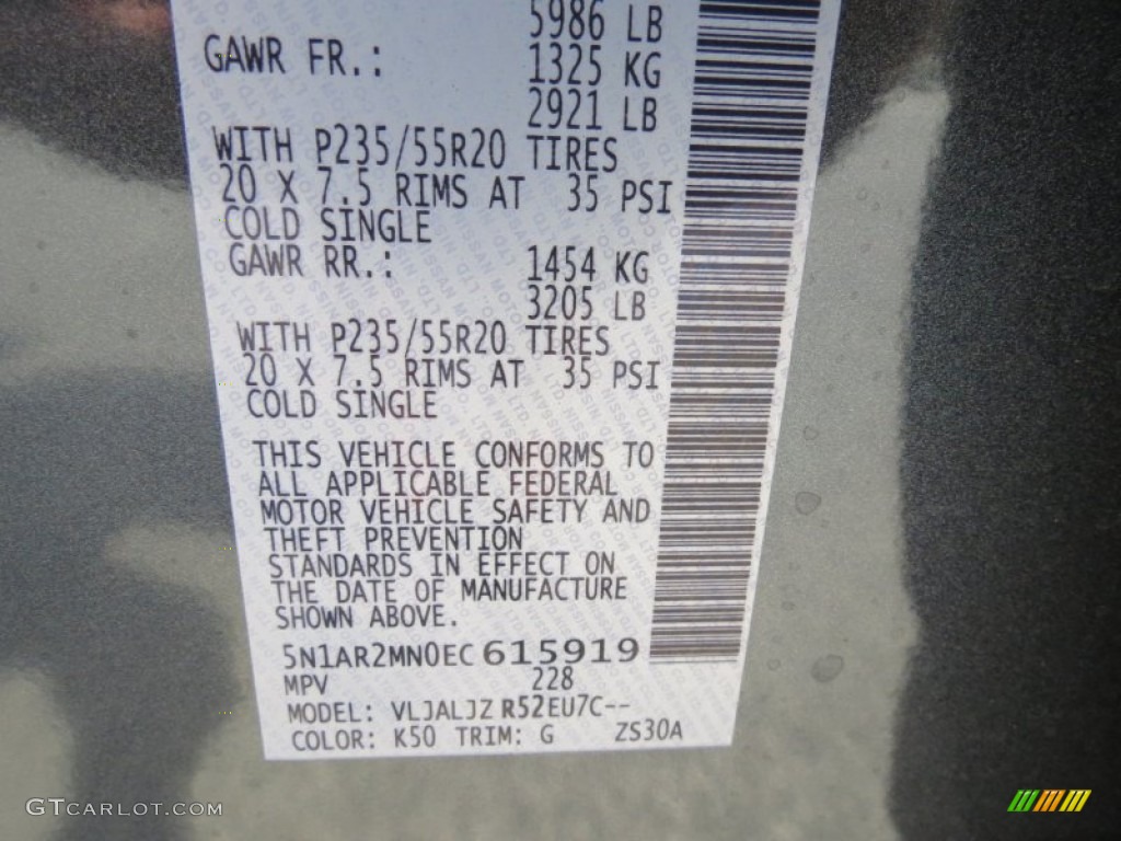 2014 Pathfinder Color Code K50 for Dark Slate Photo #85418934