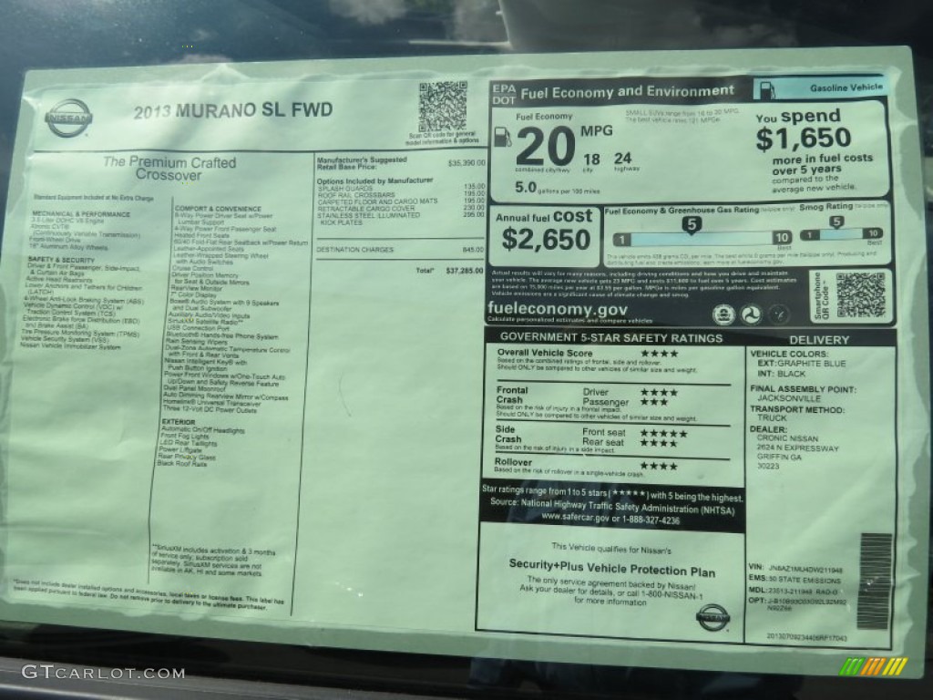 2013 Nissan Murano SL Window Sticker Photos