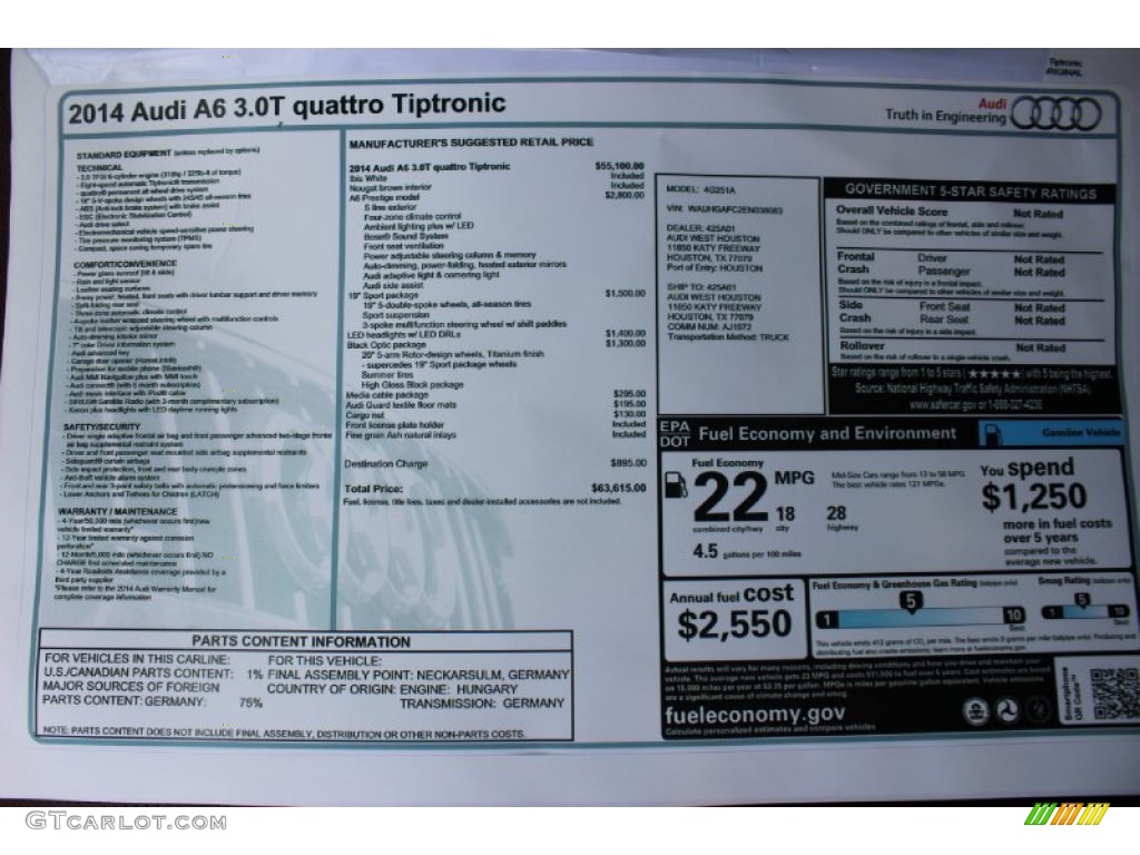 2014 Audi A6 3.0T quattro Sedan Window Sticker Photo #85433844