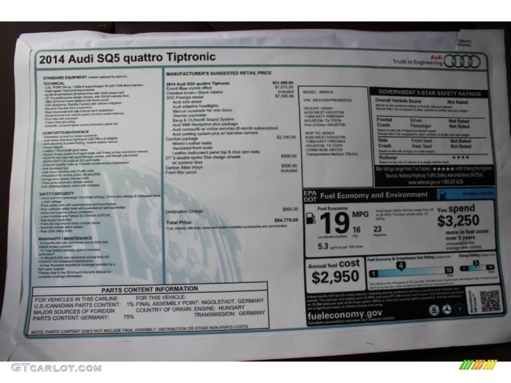 2014 Audi SQ5 Prestige 3.0 TFSI quattro Window Sticker Photo #85441650