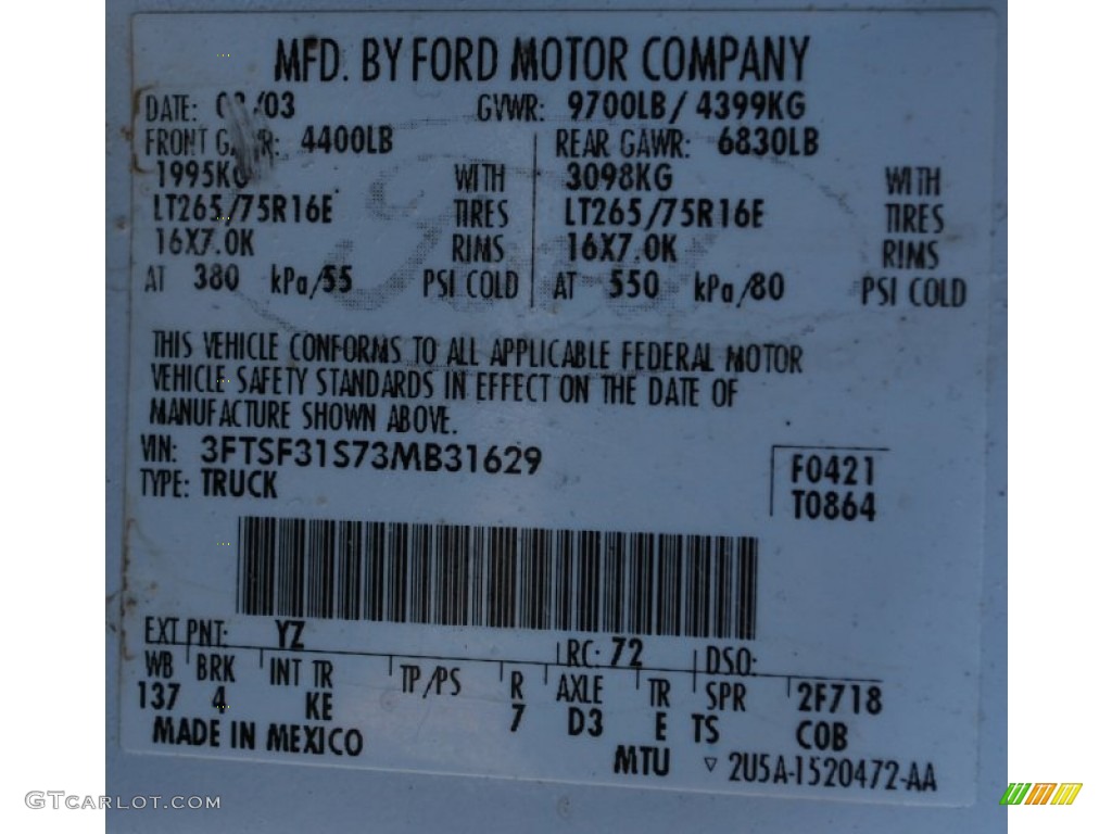 2003 F350 Super Duty Color Code YZ for Oxford White Photo #85468163